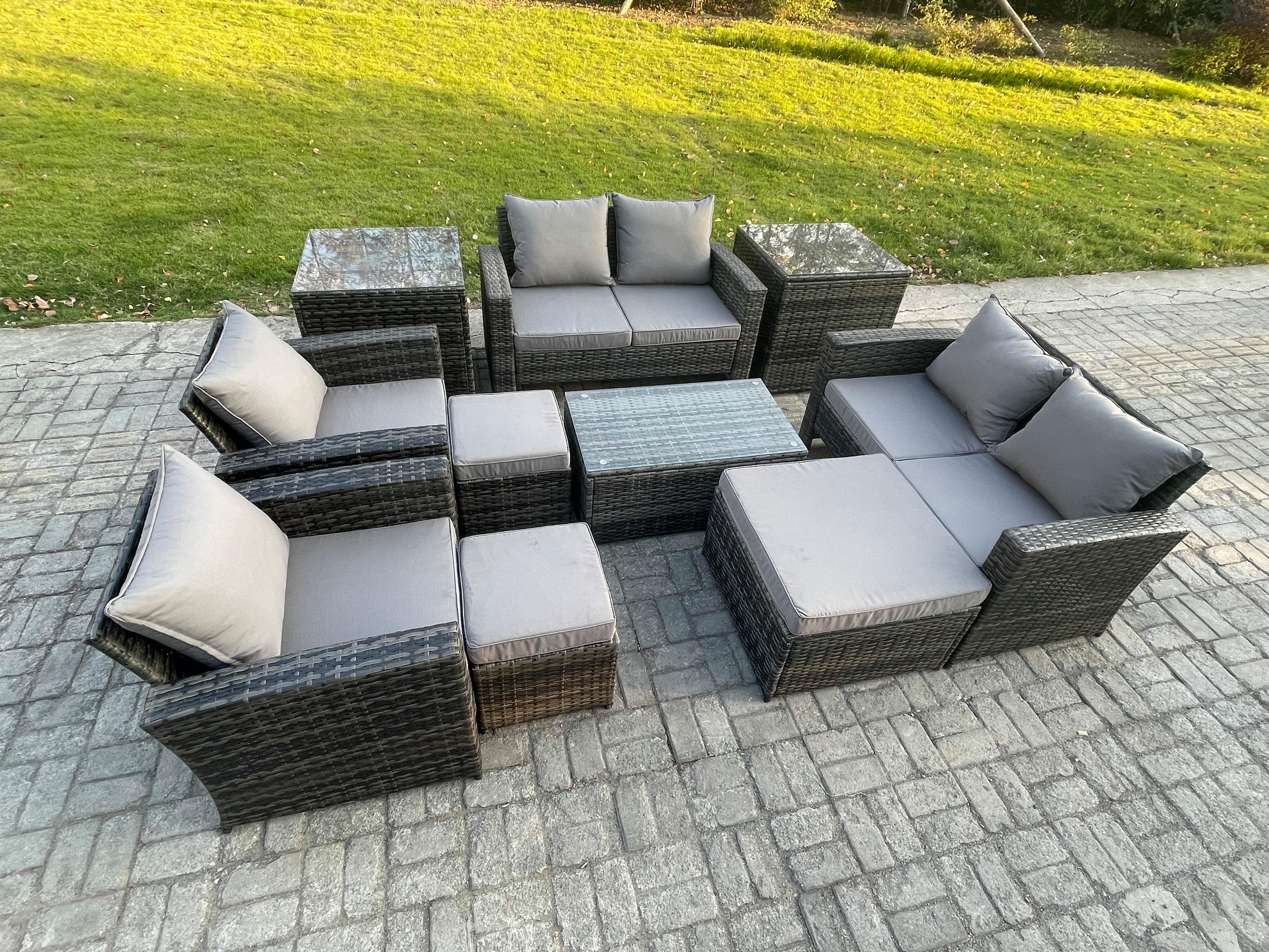 GARTENSOFA Hohe Rückenlehne Polyrattan Dunkelgrau 9-Sitzer - Dunkelgrau, Metall - Fimous