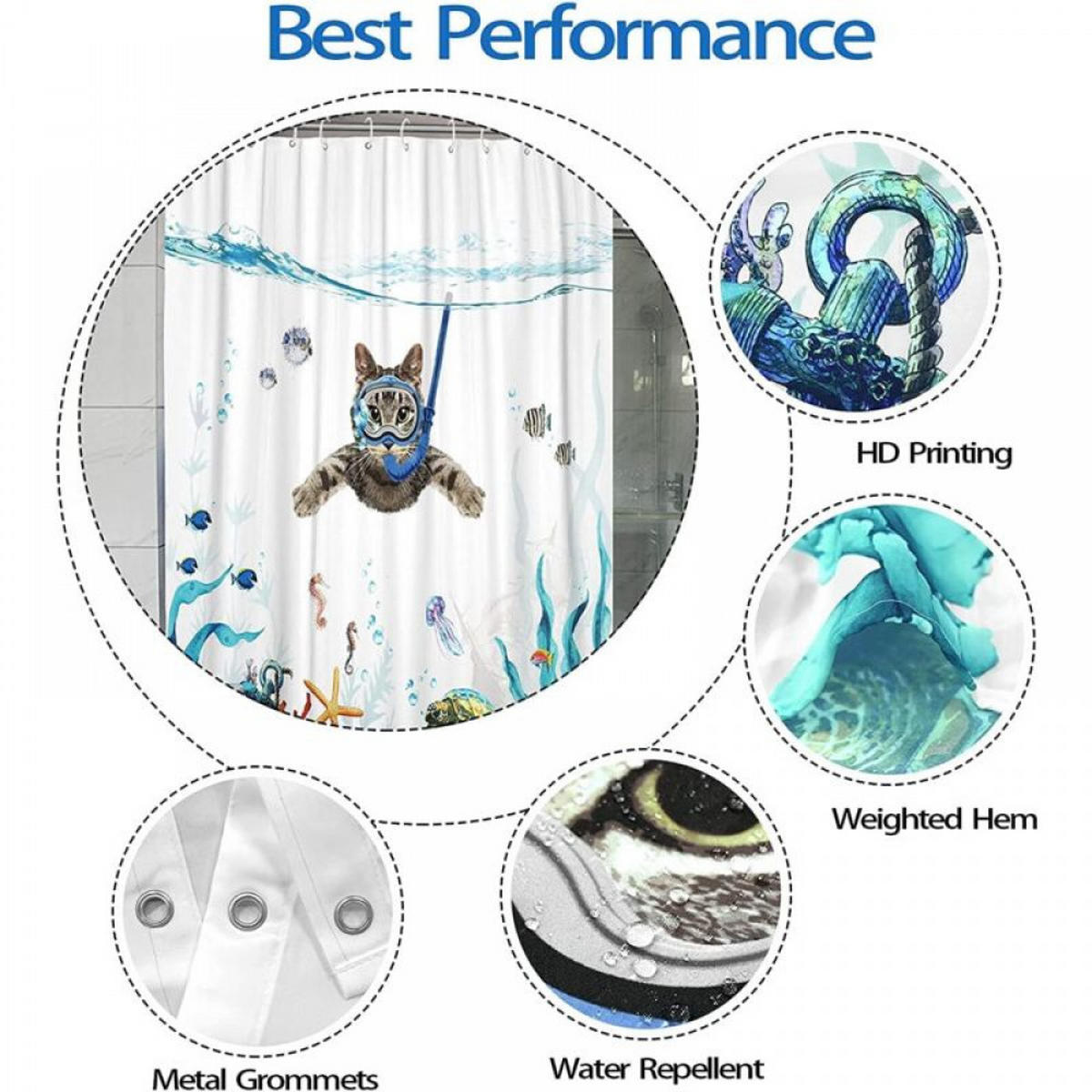 DUSCHVORHANG Katze Ozean bedruckt Polyester waschbar wasserdicht - Weiß, Textil (180/180cm) - MCBOSON