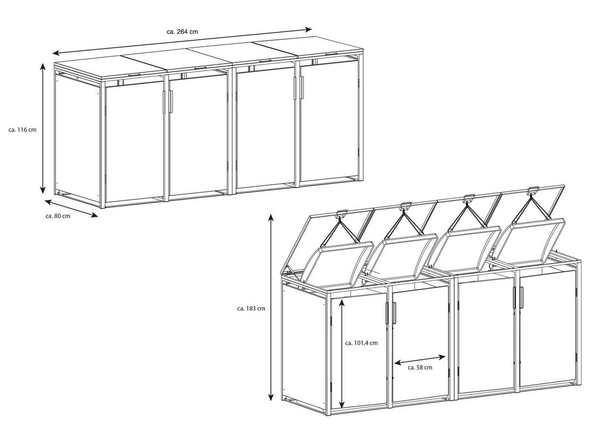 4ER Mülltonnenbox, 2x 2er Box für 4 Mülltonnen, 264x80x116cm, Stahl, anthrazit - Grau, Kunststoff (80/175/120cm)