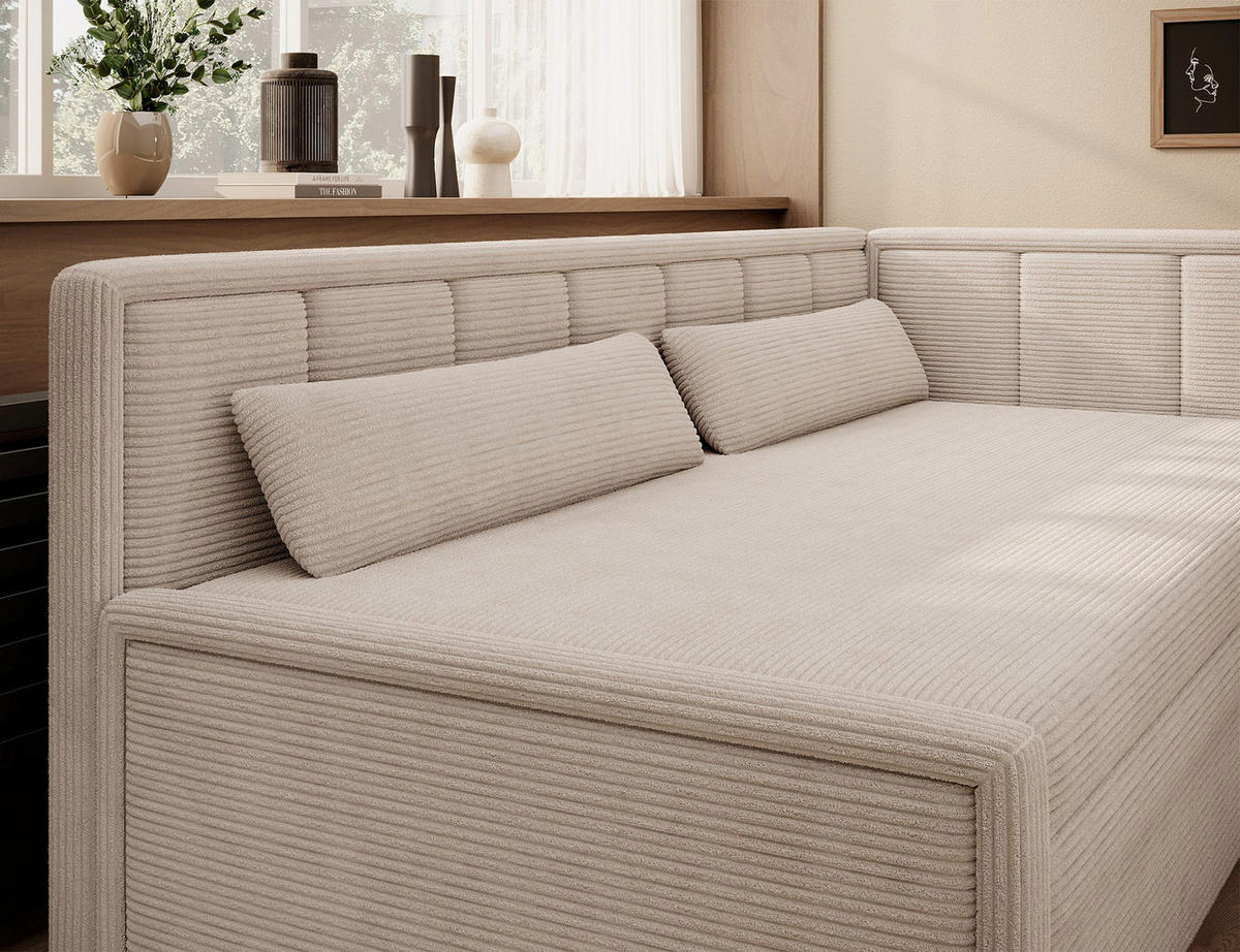 SCHLAFSOFA FULGEO mit Schlaffunktion & Bettkasten – Modernes 3-Sitzer Sofa, Liegefläche 200 x 150 cm - Beige, Kunststoff (214/82/77cm) - Wohnideebilder