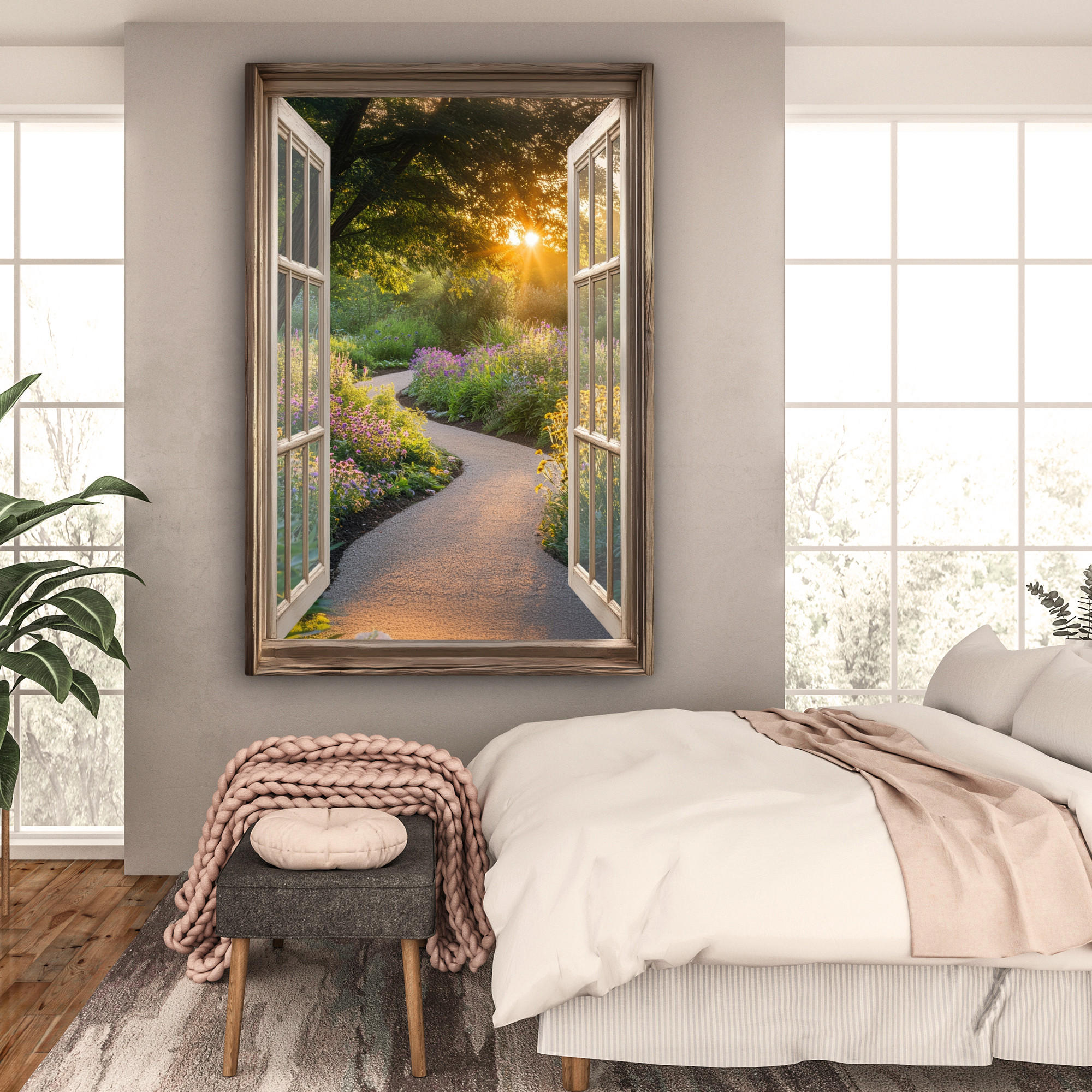 LEINWANDBILD Aussicht - Blumen - Natur - Sonne - Weg 90x140 cm - Hellgelb, Textil (90/140cm) - MuchoWow