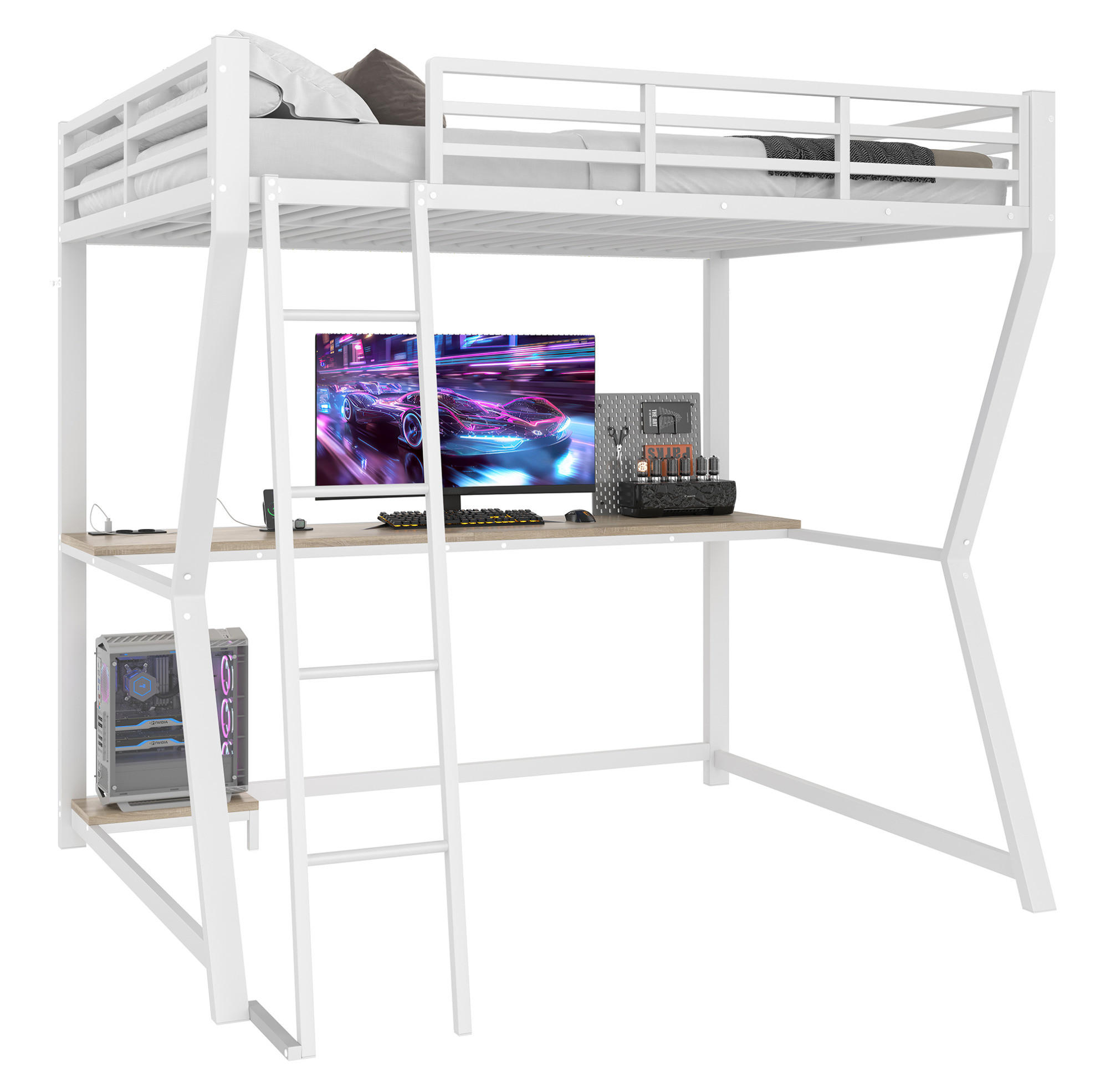 Redom VYSOKÁ postel 140/200 cm s LED osvětlením, psacím stolem, zásuvkou a USB, s bezpečnostním zábradlím a schodištěm, Bílá