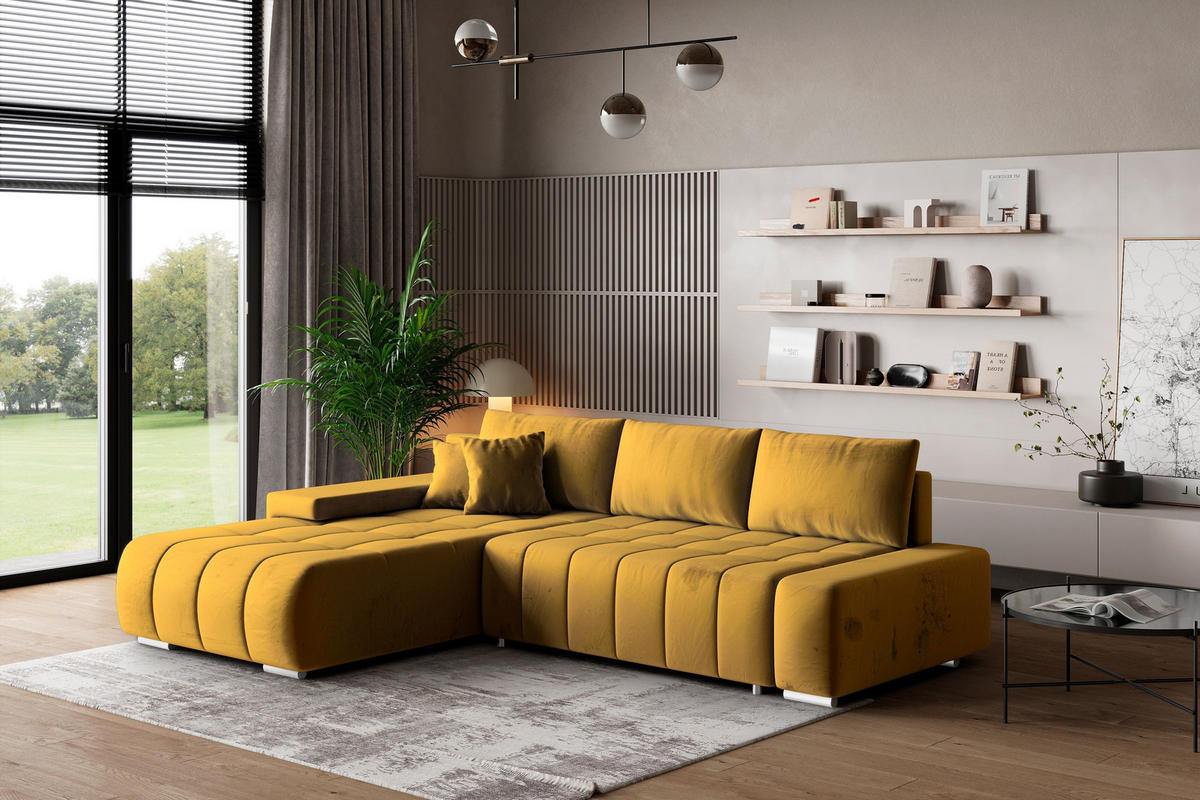 ECKSOFA ALESE L-S Gelb Velours-Stoff mit Schlaffunktion - Gelb, Holz (265/185cm) - MASSENO