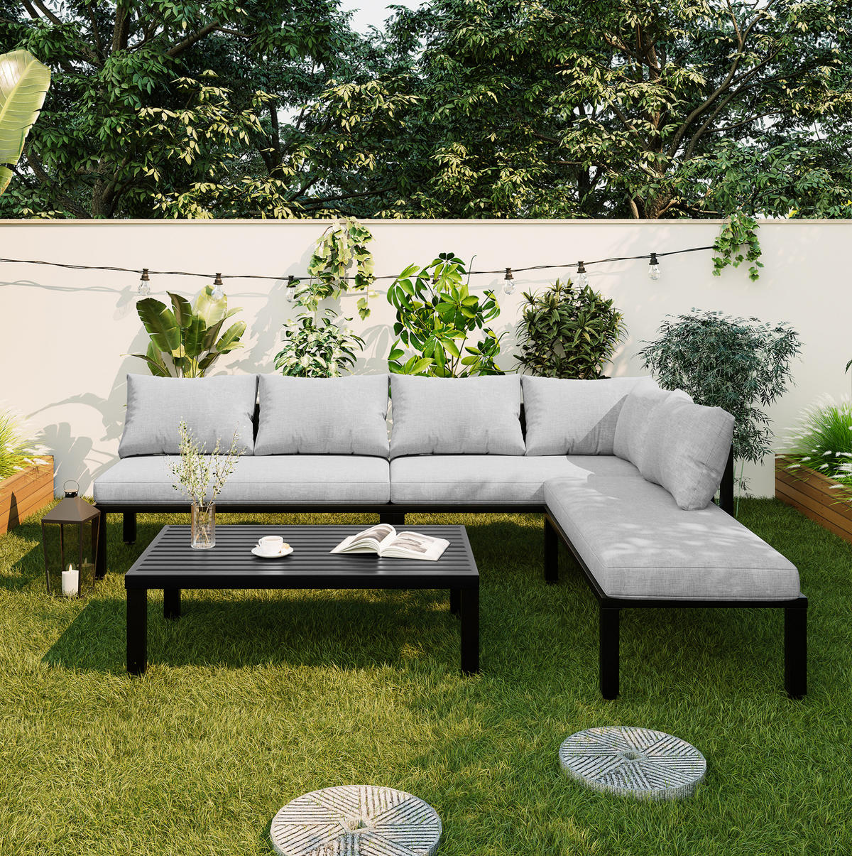 GARTENGARNITUR aus Polyester 6-Sitzer Grau mit modularem Sofa, abnehmbaren Rückenlehnen und Couchtisch - Grau, Metall - Modfu