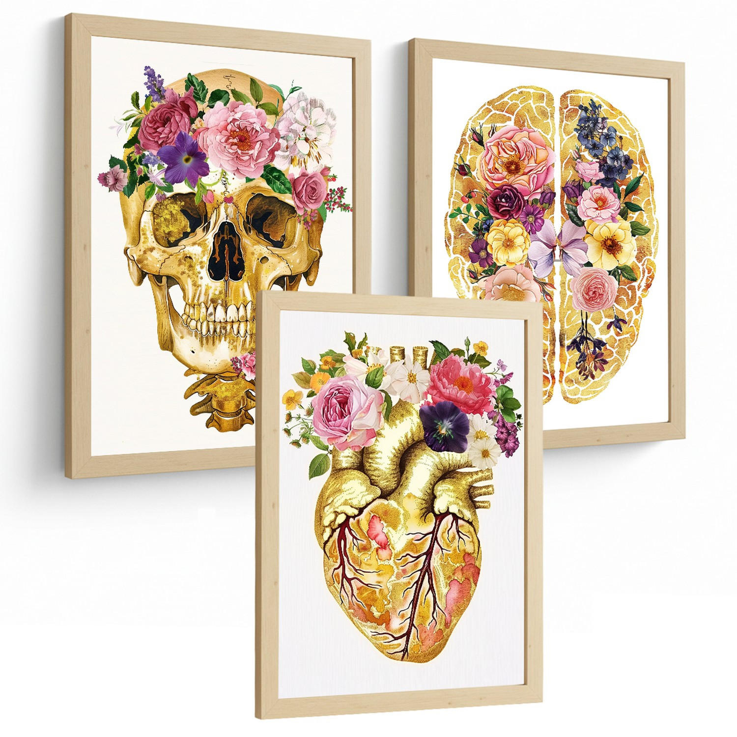 POSTER Set aus 3 Anatomie Mensch Drucke und Wandbilder mit Schädel Gehirn und Herz Goldene Florale Künstlerische Illustration Größe Rahmenlos A3 - Klar, Papier (29.7/42/3cm) - Nacnic