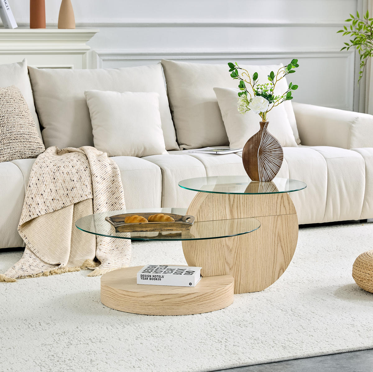 COUCHTISCH aus MDF & Glas Ø50/70 cm in Holz mit mehrstufigen Ablagen - Naturfarben, Glas (90/90/44cm) - Modfu