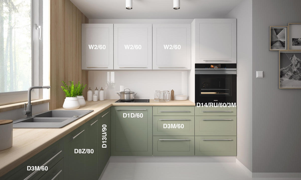 WINKELKÜCHE Bari grau / signalweiß-blassgrün matt 9-teilig - Weiß/Grün, Holzwerkstoff (245/207/240cm) - Feldmann-Wohnen