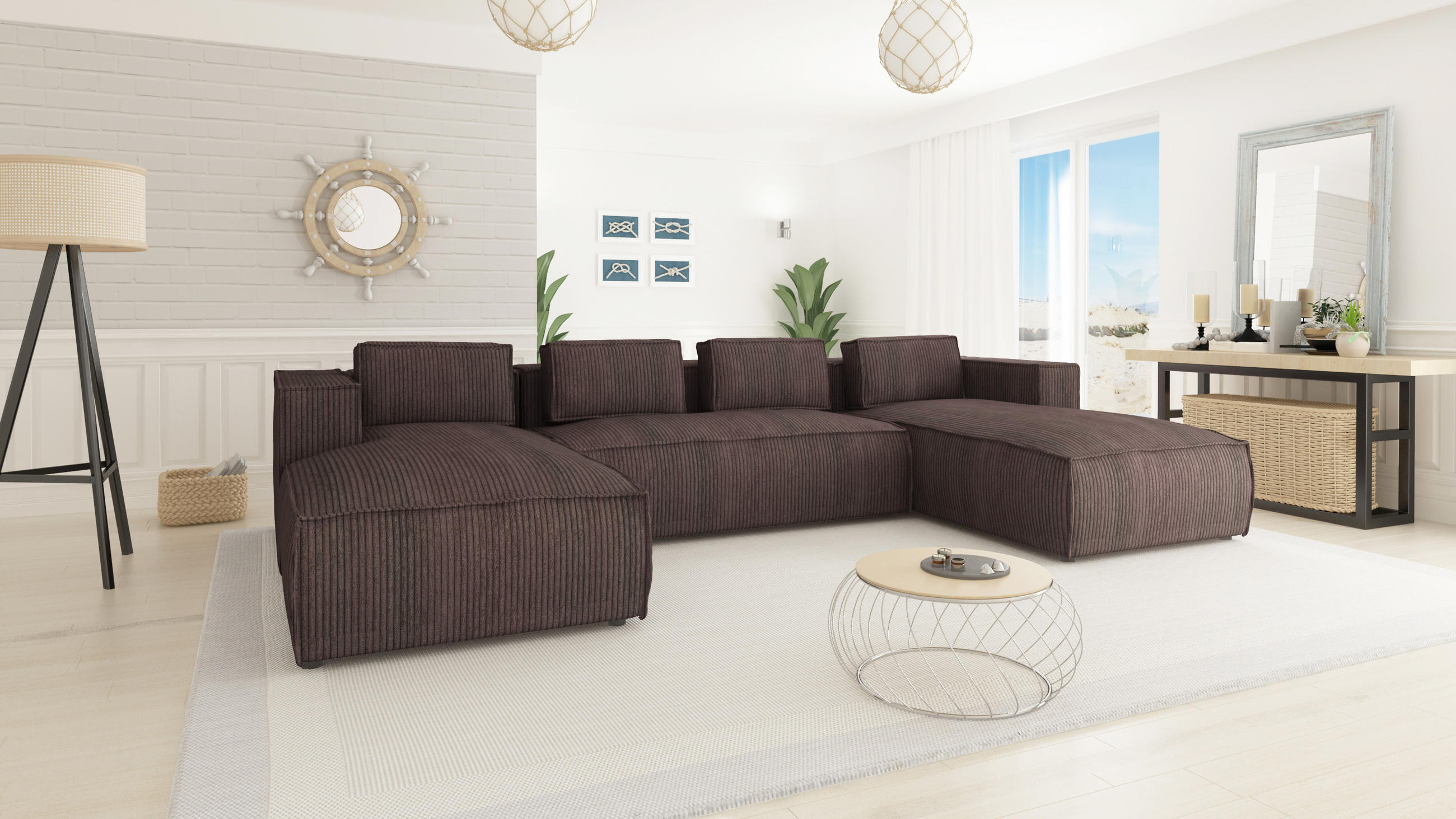 WOHNLANDSCHAFT Nova Dunkelbraun Cord - Dunkelbraun/Schwarz, Holz/Kunststoff (327/64/176cm) - S-Style Möbel