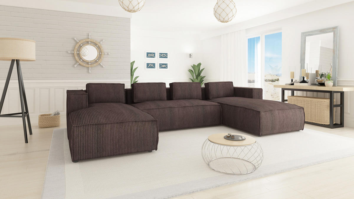 WOHNLANDSCHAFT Nova Dunkelbraun Cord - Dunkelbraun/Schwarz, Holz/Kunststoff (327/64/176cm) - S-Style Möbel