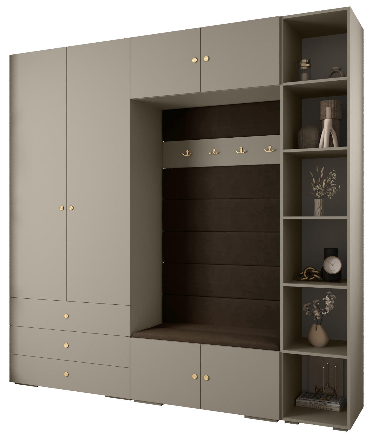 Abiks Möbel Garderoben-Set Kaschmir, Braun, Gold 240x236.7x47 cm