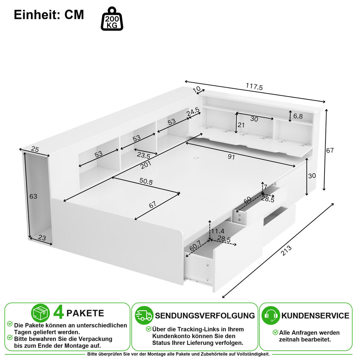 KINDERBETT 90/200 cm in Weiß mit 4 Schubladen, Regal und Stauraum - Weiß, Holz/Holzwerkstoff (90/200cm) - CHICFURN