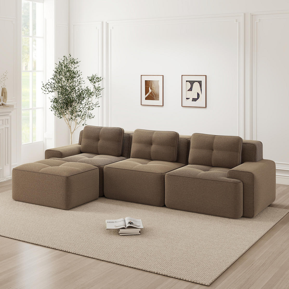 SOFA modular mit Ottoman Cord Brown 4-tlg. - Braun, Kunststoff (177/293cm) - Meubliv