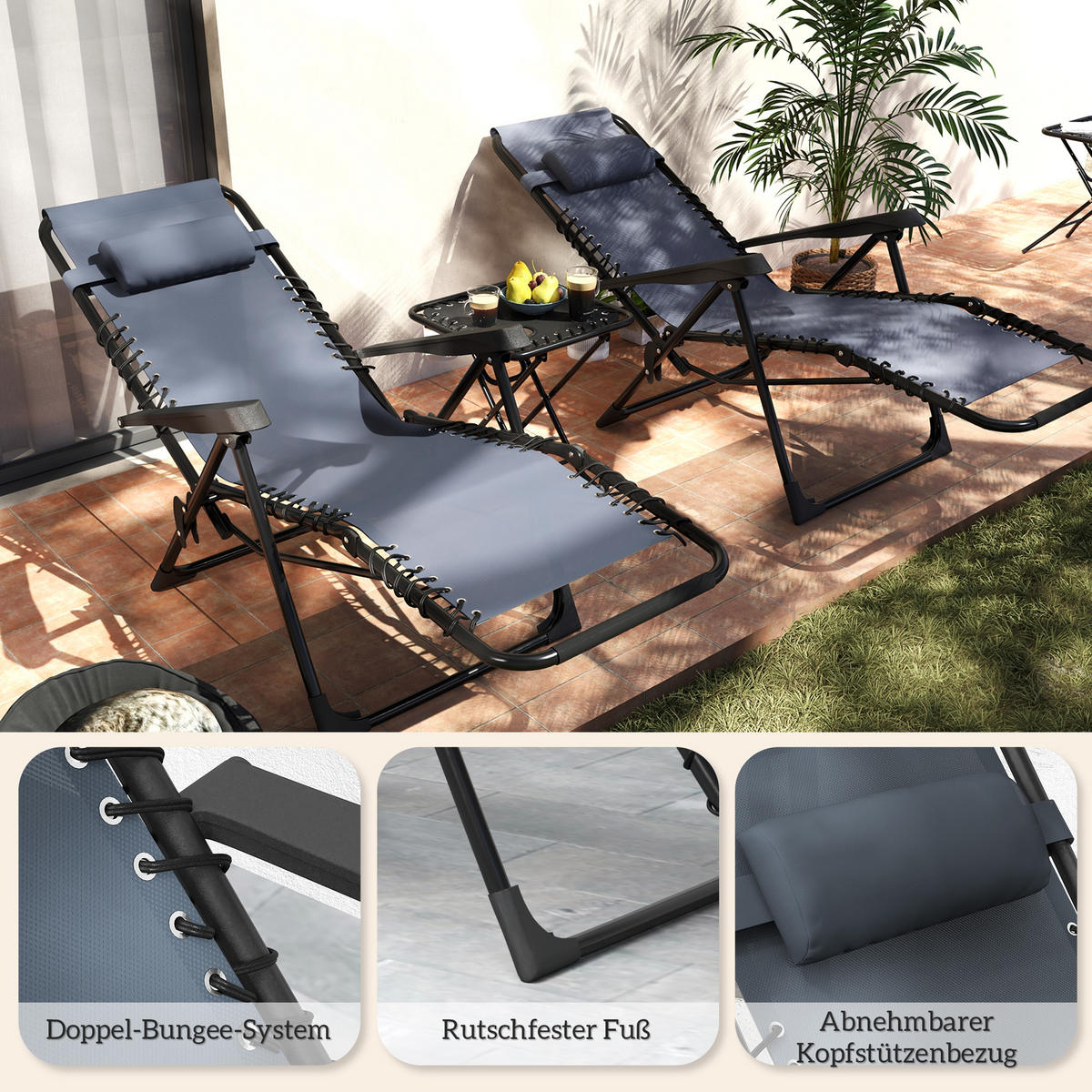 ZERO-GRAVITY-LIEGESTUHL 3er Set Metall Netzstoff Grau - Schwarz/Grau, Textil/Metall (65/110/90cm) - Outsunny