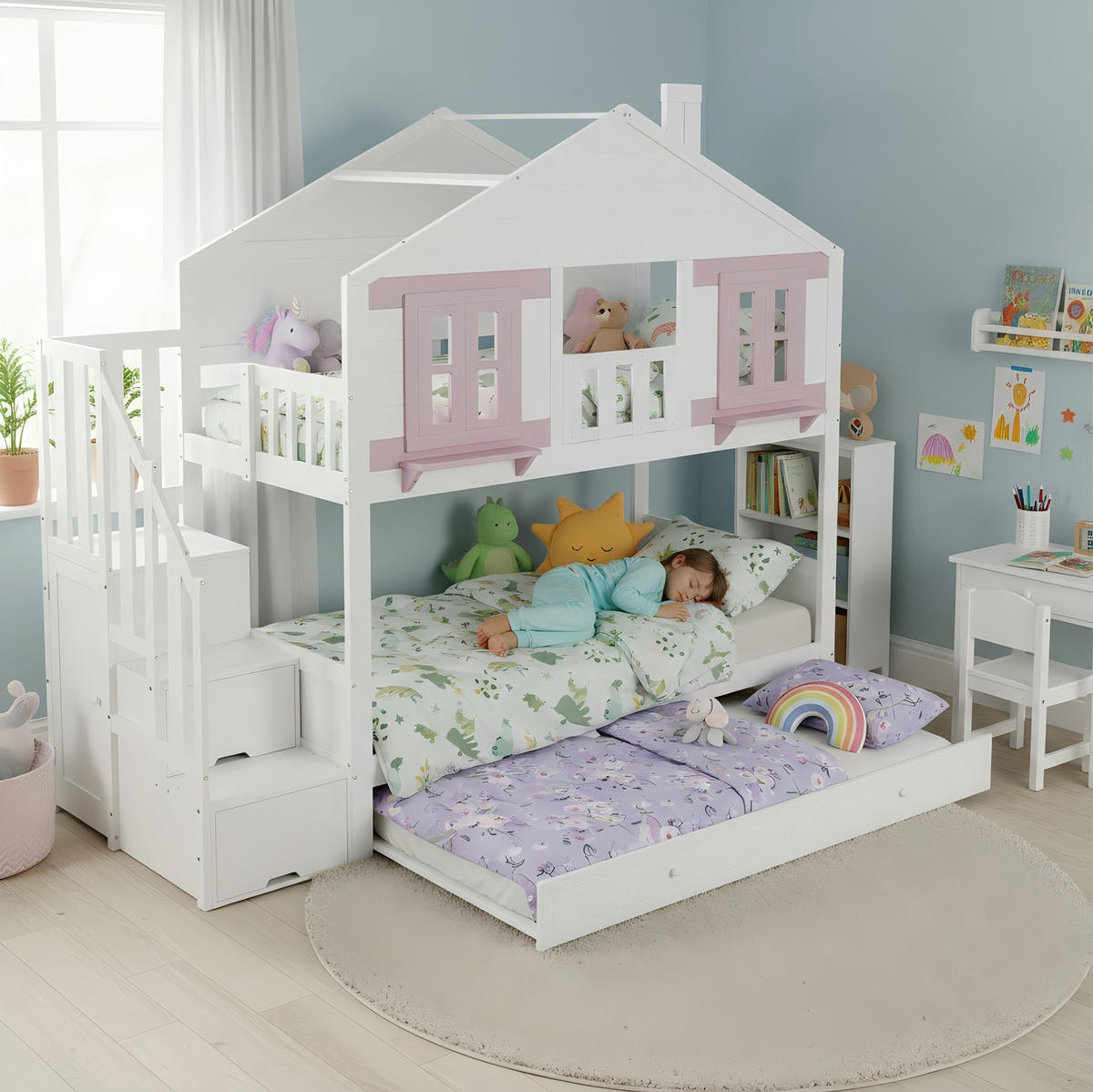 ETAGENBETT 90/200 cm weiß/rosa aus Kiefer und MDF mit Rollbett - Weiß, Holz (90/200cm) - OKWISH