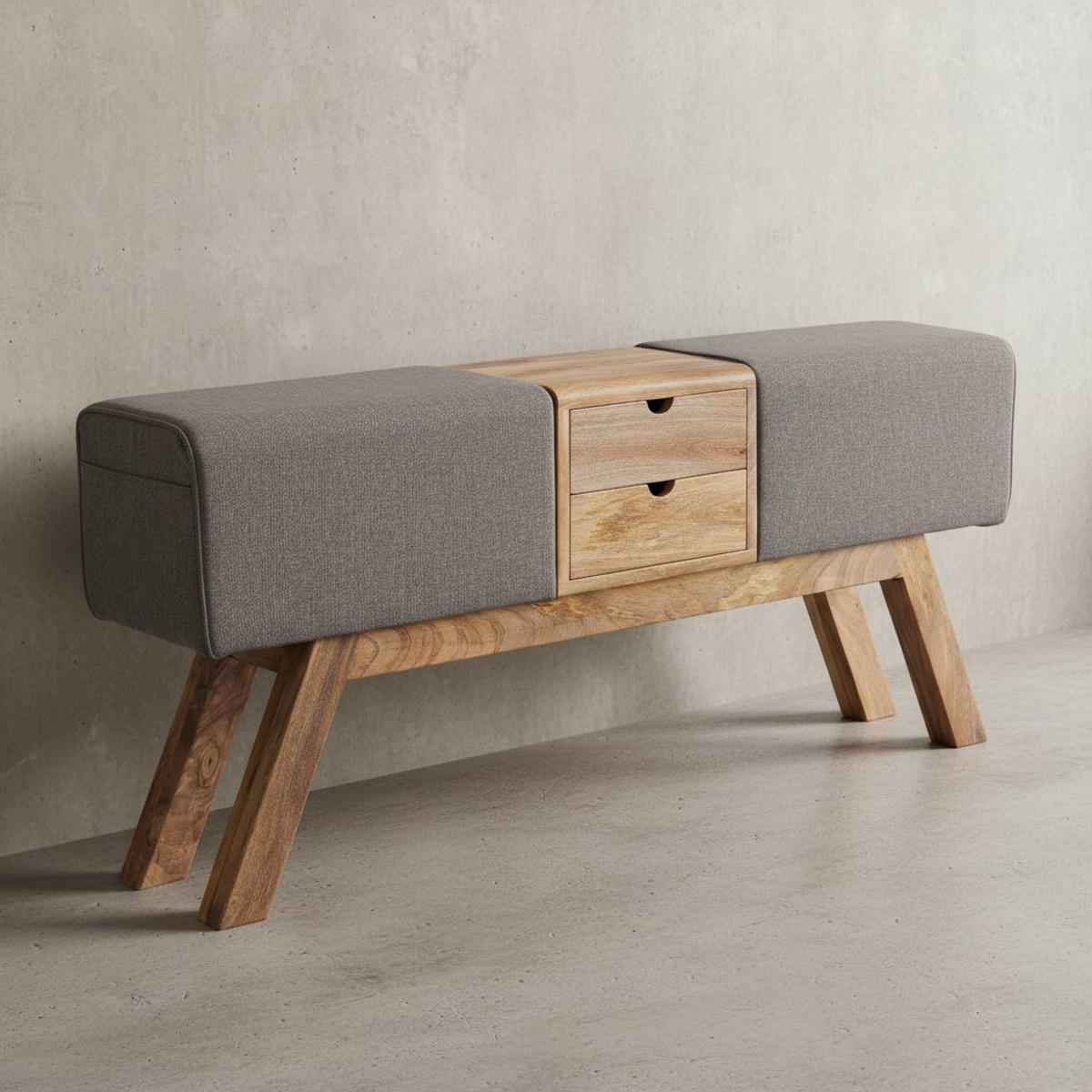 SITZBANK Massivholz Stoffbezug mit 2 Schubladen, Grau 120x30x56 cm - Braun/Grau, Mangoholz/Textil (120/56/30cm) - KADIMA DESIGN