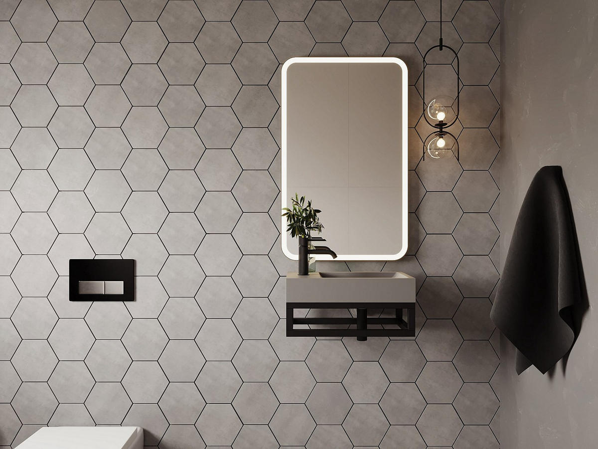 HANDWASCHBECKEN hängend rechteckig aus Beton - Armaturen links - 40 x 22 cm - UCHAMI - Schwarz, Metall (40/19.5/22cm) - Vente-Unique