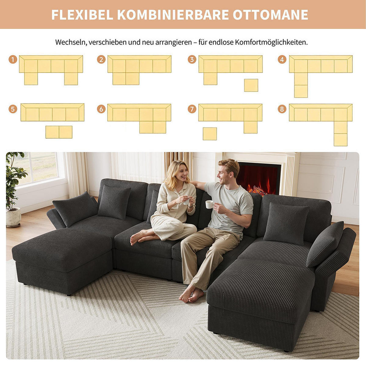 ECKSOFA,SECHSSITZER-SOFA mit verstellbaren Armlehnen in Grau - Grau, Textil (159.5/290cm) - KOMHTOM