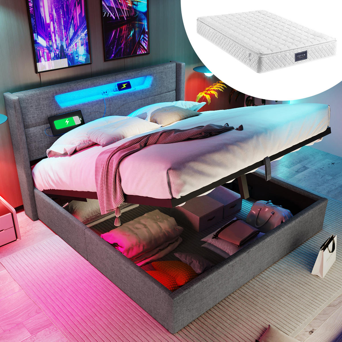 POLSTERBETT mit Matratze, LED und USB 140x200 cm Leinen Grau - Grau, Metall (140/200cm) - Meubliv