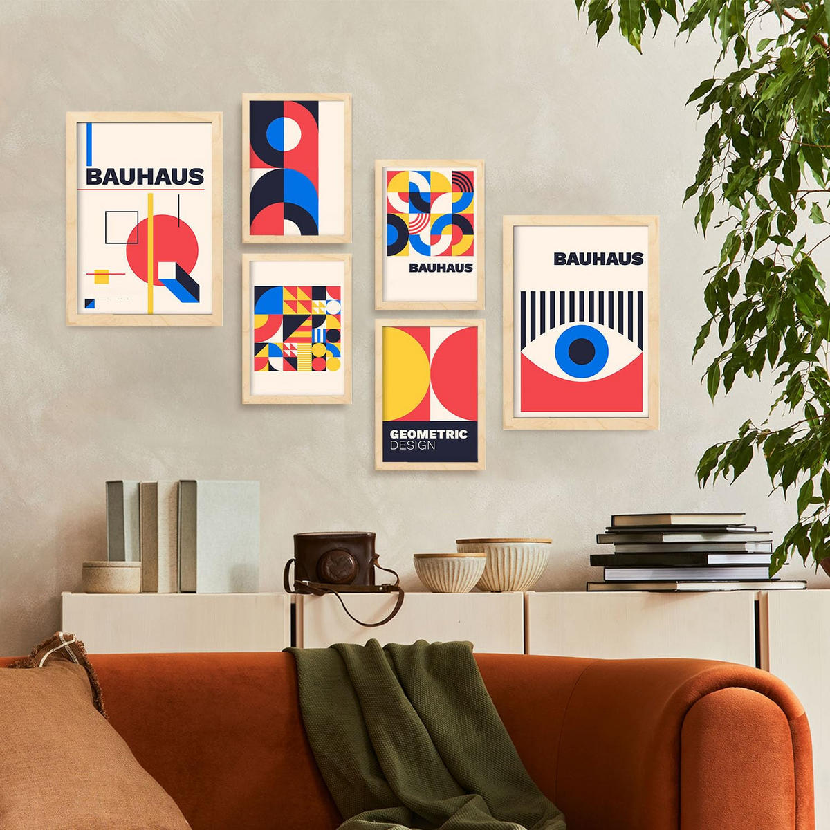 POSTER Set Mit 6 Bauhaus-Stil 3 Geometrisch Größe A3 & A4 Rahmen aus hellem Holz - Beige, Papier (29.7/1cm) - Nacnic