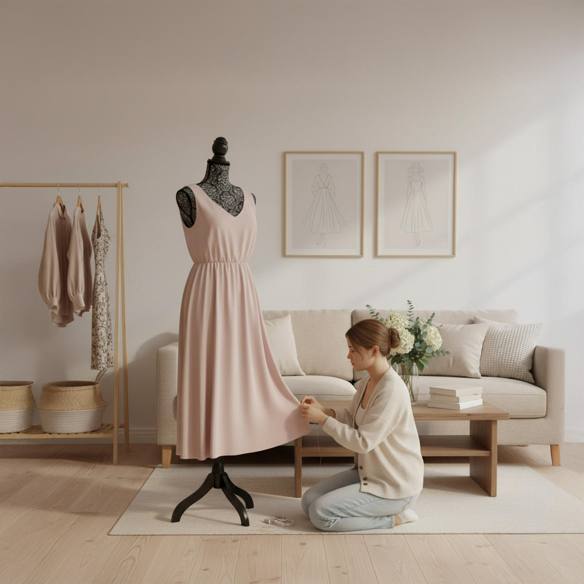 MANEKÝNKA - čierna, drevo/textil (41/167/34cm) - Relaxdays