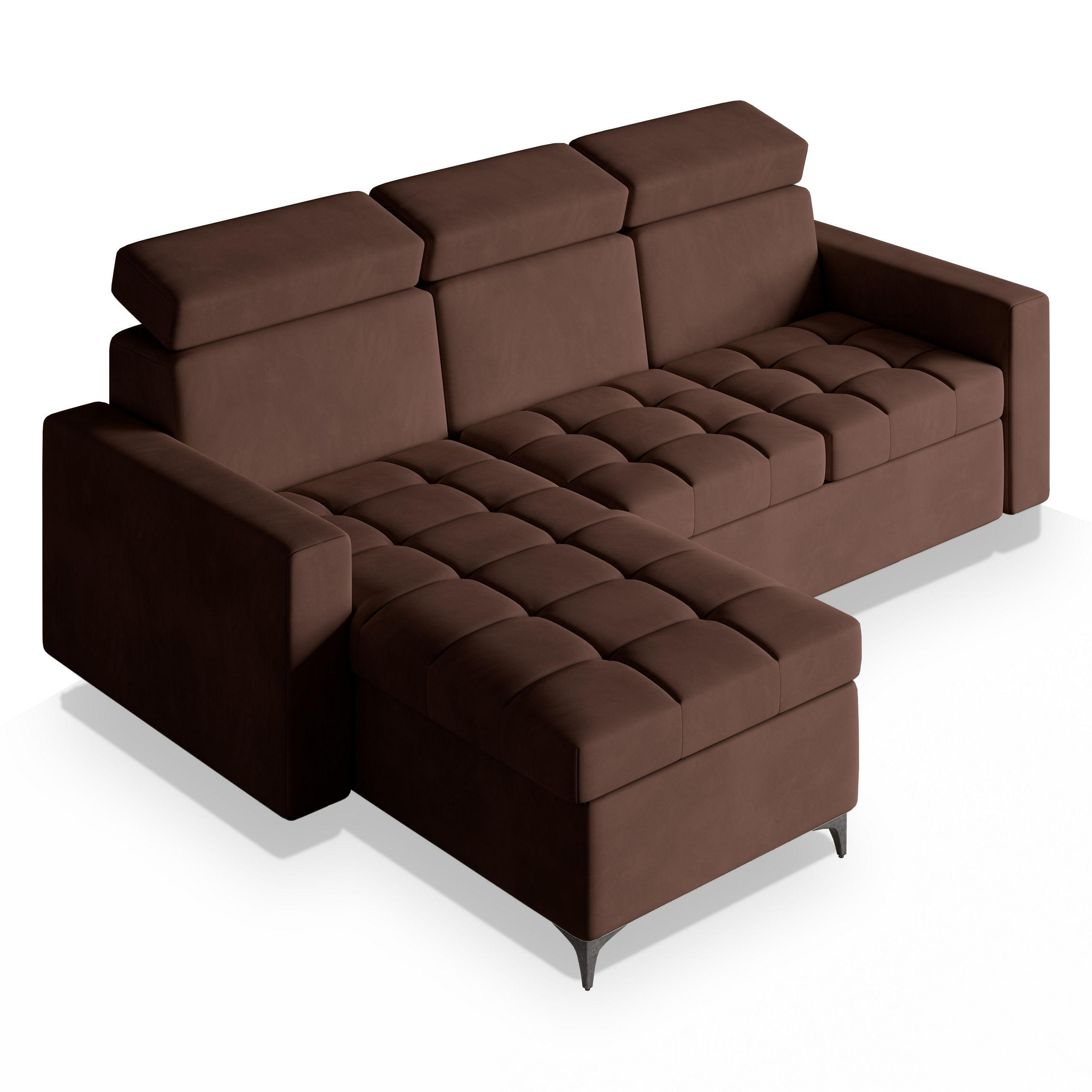 ECKSOFA KAME Braun Plüsch-Stoff mit Schlaffunktion - Braun, Holz (227/168cm) - MASSENO