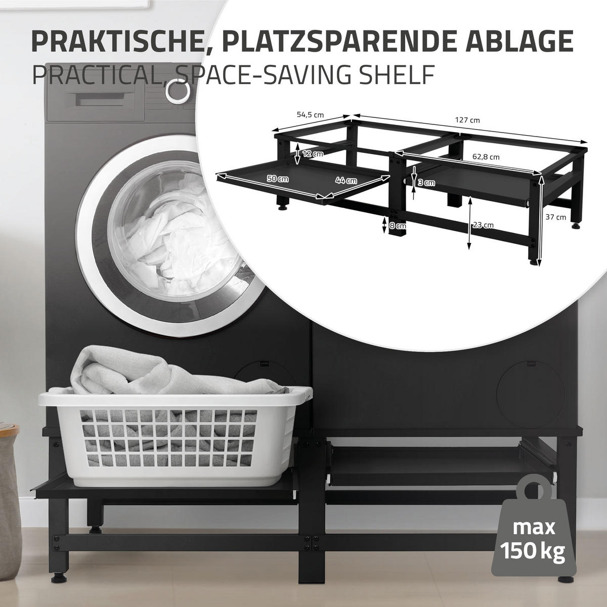 DVOJITÝ PODSTAVEC PRO PRAČKY 2 výsuvné police, černý, z oceli - černá, kov (127/37/54.5cm) - ML-DESIGN