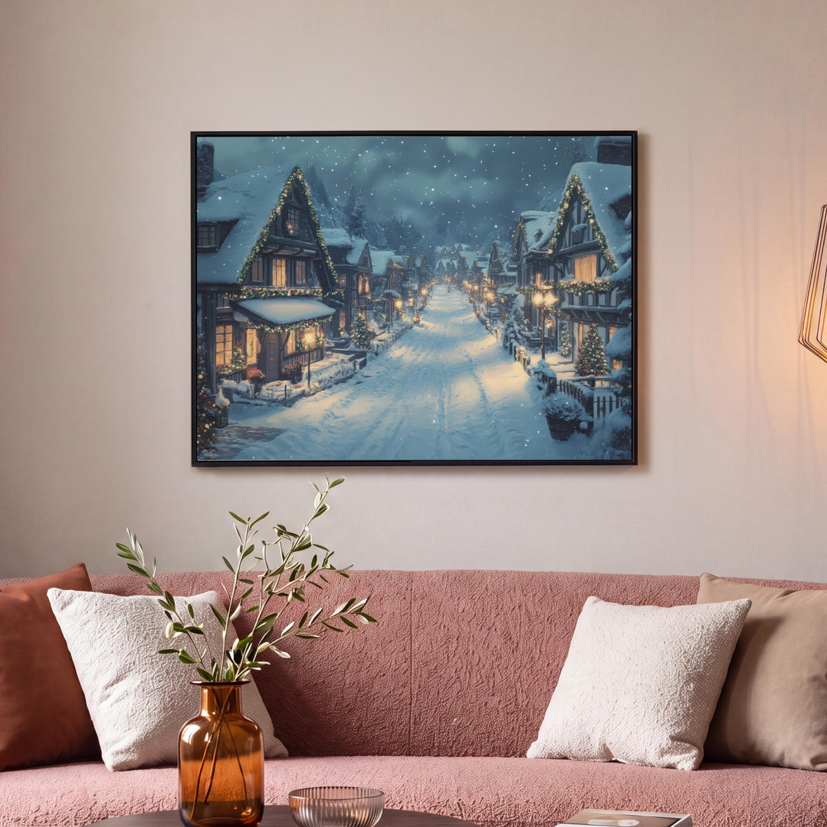 LEINWAND Bilder mit Rahmen - Weihnachtsdorf - Weihnachten - Schnee - Winter - 70x50 - Dunkelblau, Textil (70/50cm) - MuchoWow