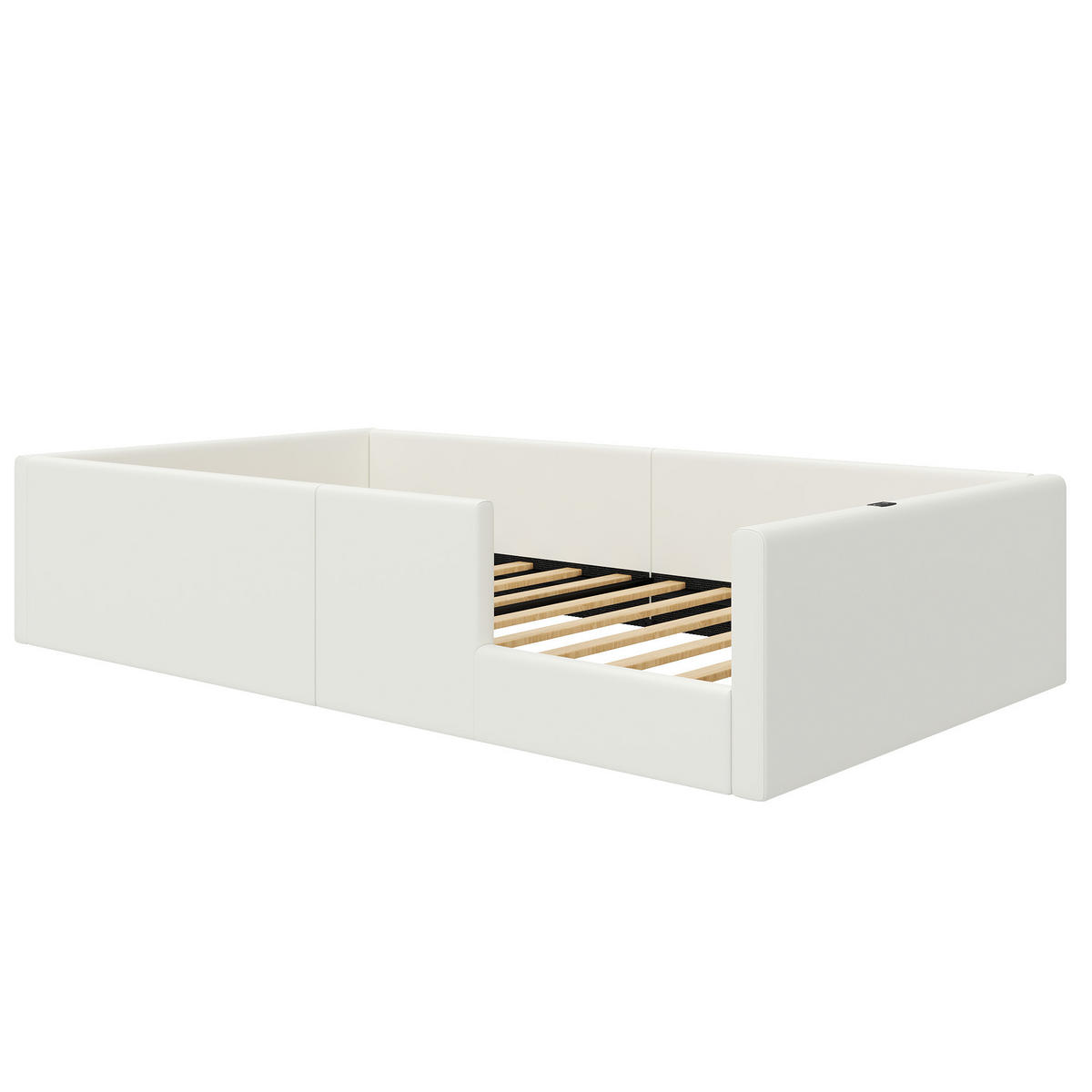 PLATTFORMBETT 90x200cm, Geländer, Ladestation, gepolstert, Weiß - Weiß, Holzwerkstoff (90/200cm)