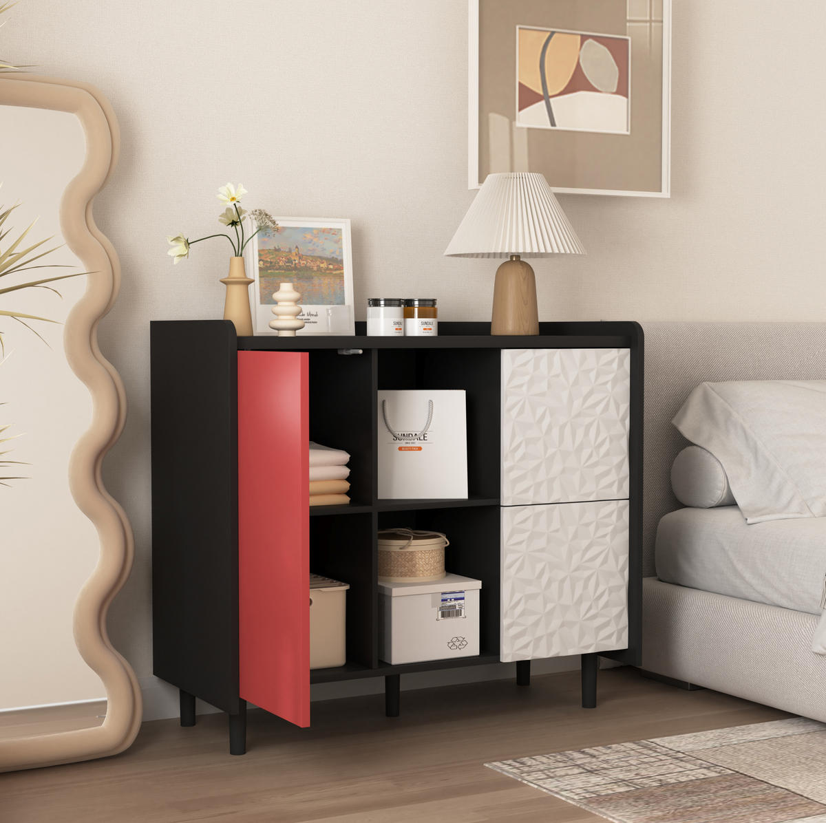 SIDEBOARD 90/40/80 cm, 2 Schubladen, offenes Fach und Tür, MDF Schwarz/Rot, Schwarz/Rot - Rot, Holzwerkstoff (90/80/40cm) - Redom