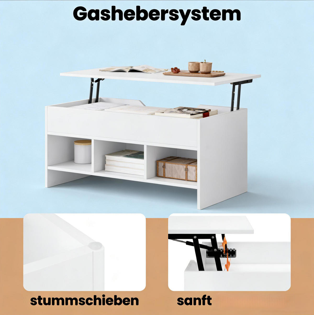 COUCHTISCH 96/51/45 cm mit Lift-Top, Stauraum und Gasdruckfeder, Holz und Metall, Weiß - Weiß, Holzwerkstoff (96/51/60.5cm) - Redom