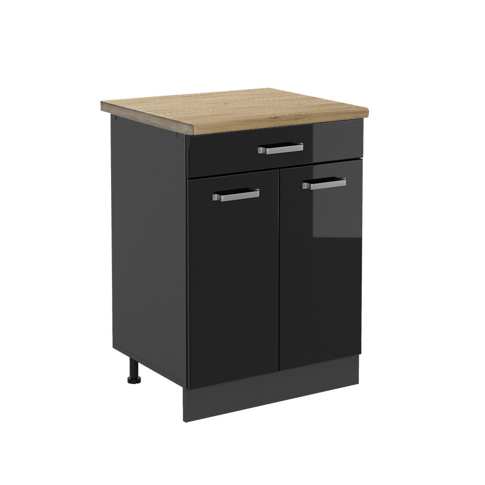 KÜCHENUNTERSCHRANK R-Line Schwarz Hochglanz 60 cm, AP Eiche - Schwarz Hochglanz/Anthrazit, Holzwerkstoff (60/81.6/60cm) - Vicco