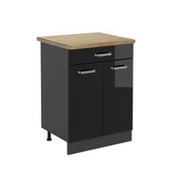 KÜCHENUNTERSCHRANK R-Line Schwarz Hochglanz 60 cm, AP Eiche - Schwarz Hochglanz/Anthrazit, Holzwerkstoff (60/81.6/60cm) - Vicco