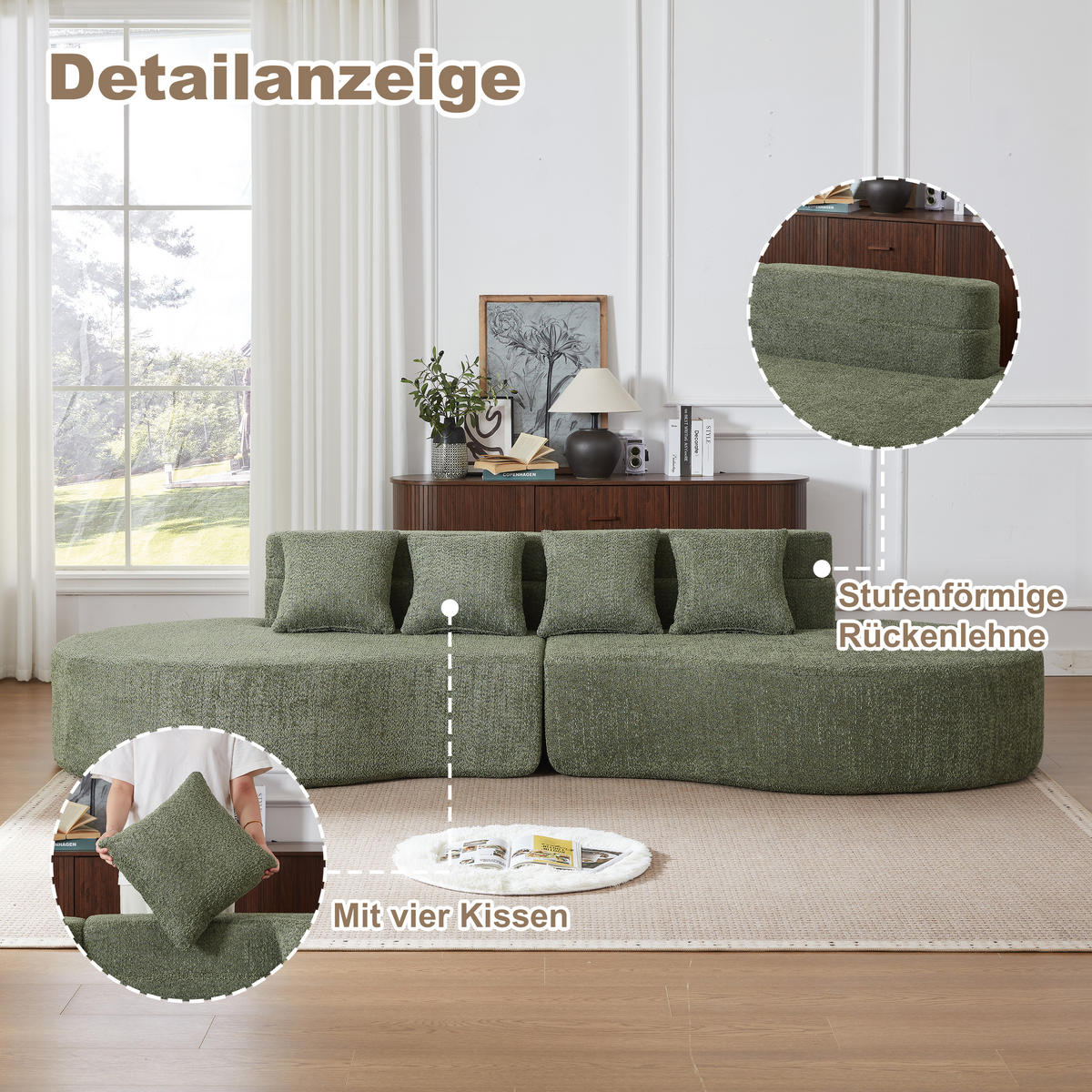 4-SITZER SOFA Chenille Grün modular - Grün, Textil (310/65/110cm) - WISHDOR