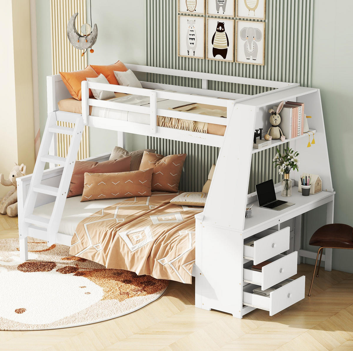 ETAGENBETT 90/200 + 140/200 cm Weiß mit Schreibtisch, Regal und Stauraum - Weiß, Holz (90/200cm) - Flora Grace