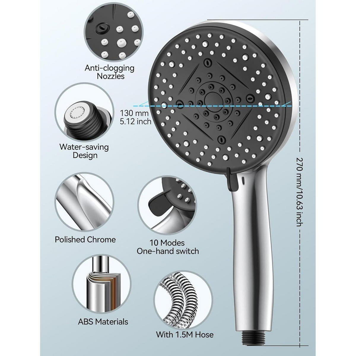 HANDBRAUSE mit Schlauch 1,5m 10 Strahlarten - Silberfarben, Metall (13/12.7/28.5cm)