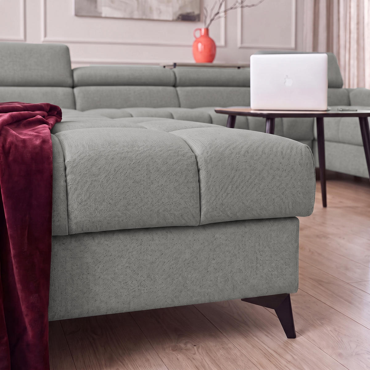 ECKSOFA PUDDING U Rechts mit Schlaffunktion 125x260 Velours Grau - Schwarz/Grau, Holz/Textil (350/203cm) - Muffo