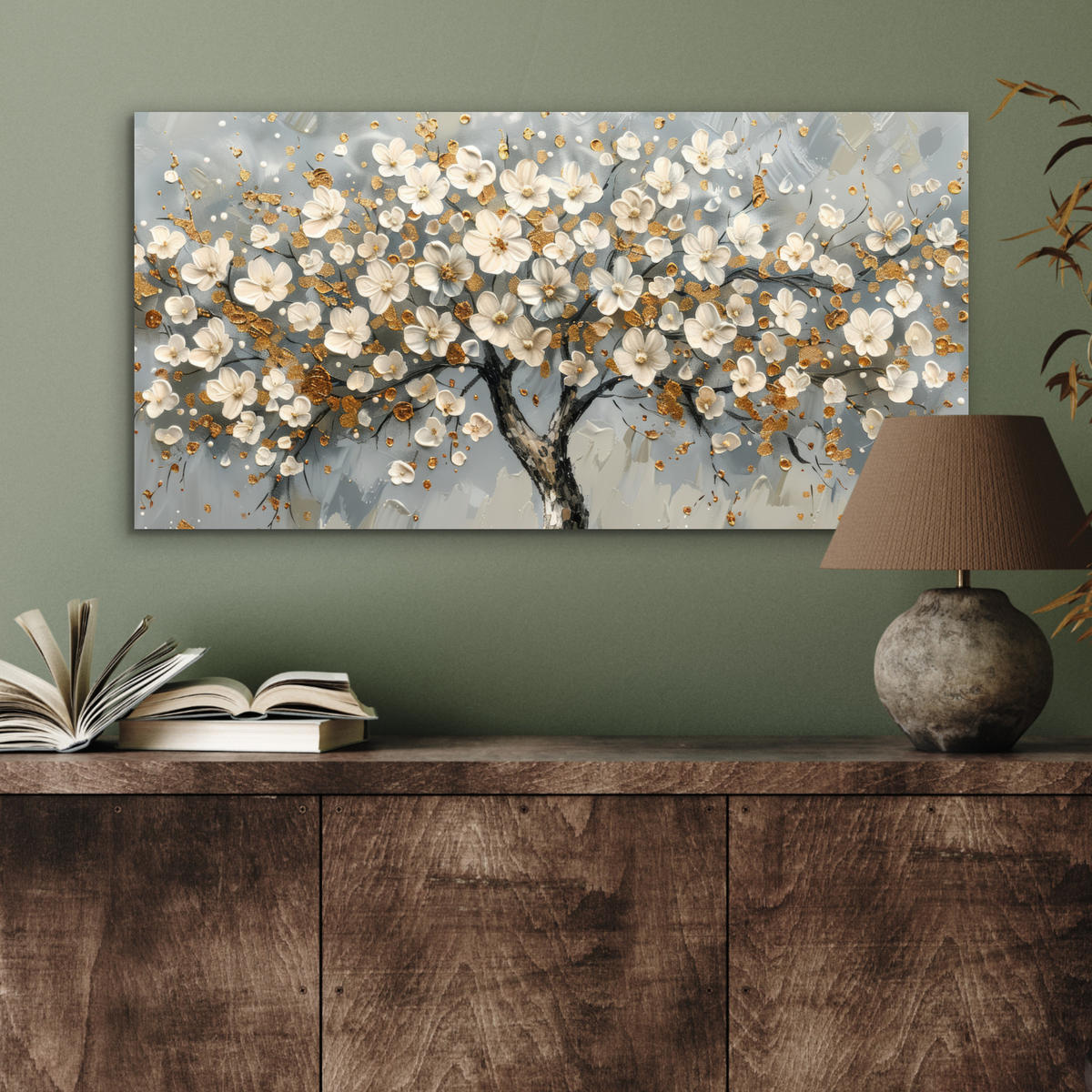 KOVOVÝ OBRAZ Strom - Kvety - Biela - Príroda - Umenie 80x40 cm - biela, kov (80/40cm) - MuchoWow