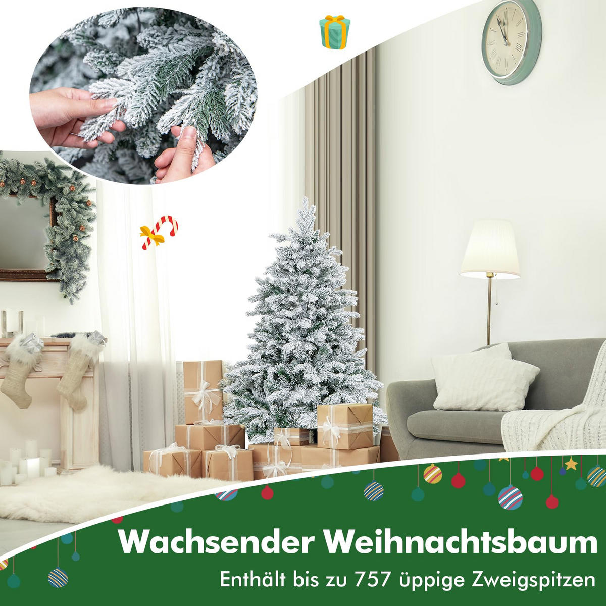 WEIHNACHTSBAUM mit 120 warmweißen LED-Lichtern 135 cm weiß - Weiß, Metall (135cm) - COSTWAY