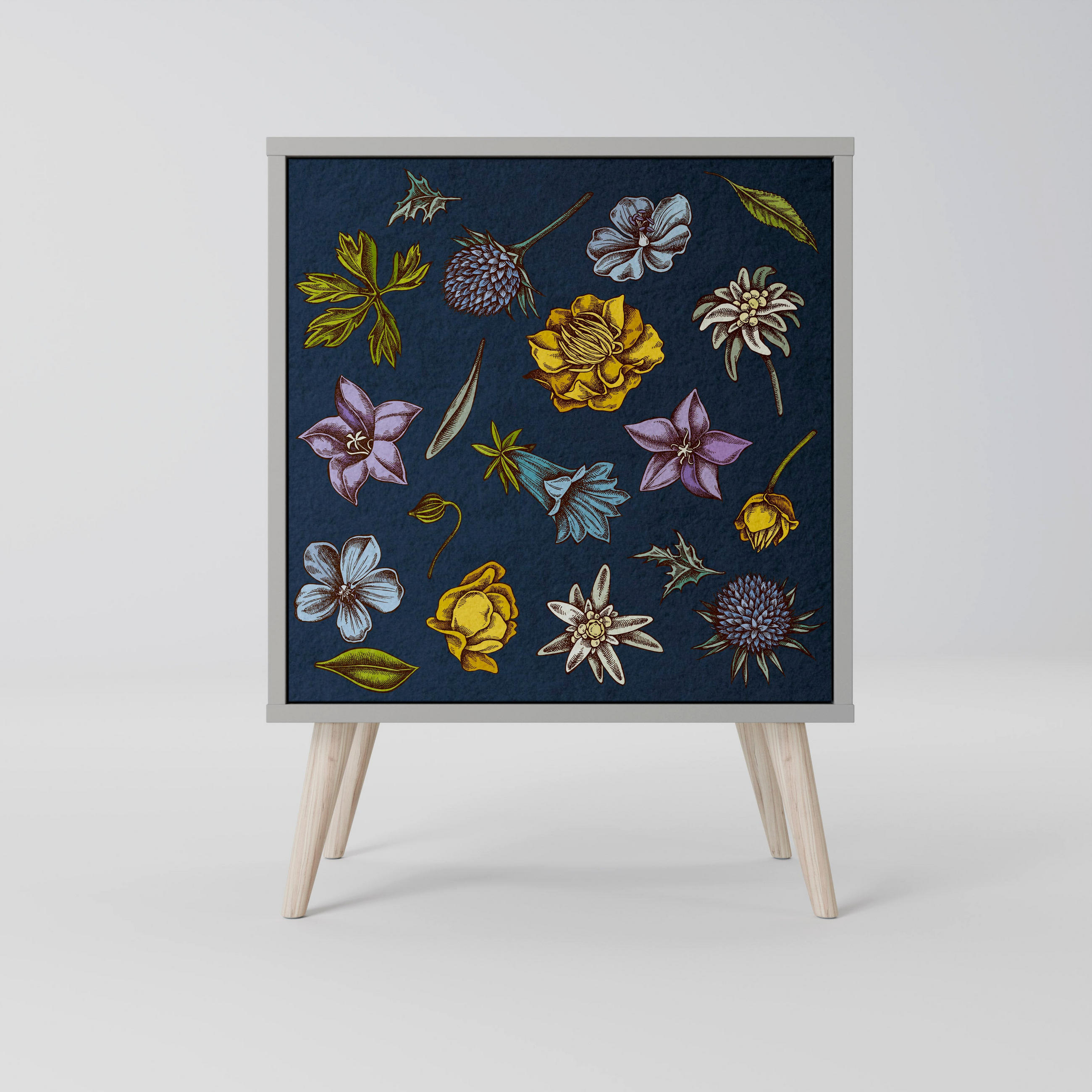 SIDEBOARD FLOWERS ON NAVY BLUE, Grau, 57,5x42x77,5 cm, Schräge Buchenholzfüße - Buchefarben/Multicolor, Holzwerkstoff/Buchenholz (57.5/77.5/42cm) - SpaceRebels