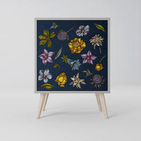 SIDEBOARD FLOWERS ON NAVY BLUE, Grau, 57,5x42x77,5 cm, Schräge Buchenholzfüße - Buchefarben/Multicolor, Holzwerkstoff/Buchenholz (57.5/77.5/42cm) - SpaceRebels