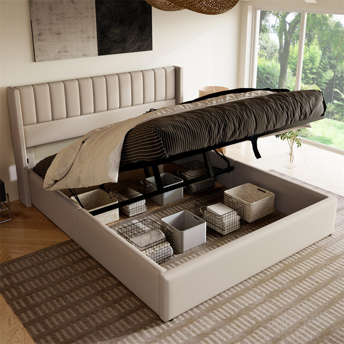 POLSTERBETT 160/200 cm in Beige Leinen - Beige, Holz/Textil (160/200cm) - KOMHTOM