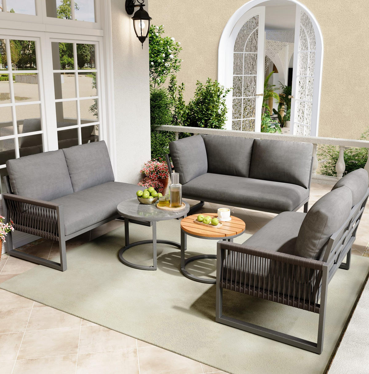 GARTEN-LOUNGE-SET 123/68/86 cm grau aus Metall und Polyester mit 2 Tischen - Grau, Metall - OKWISH