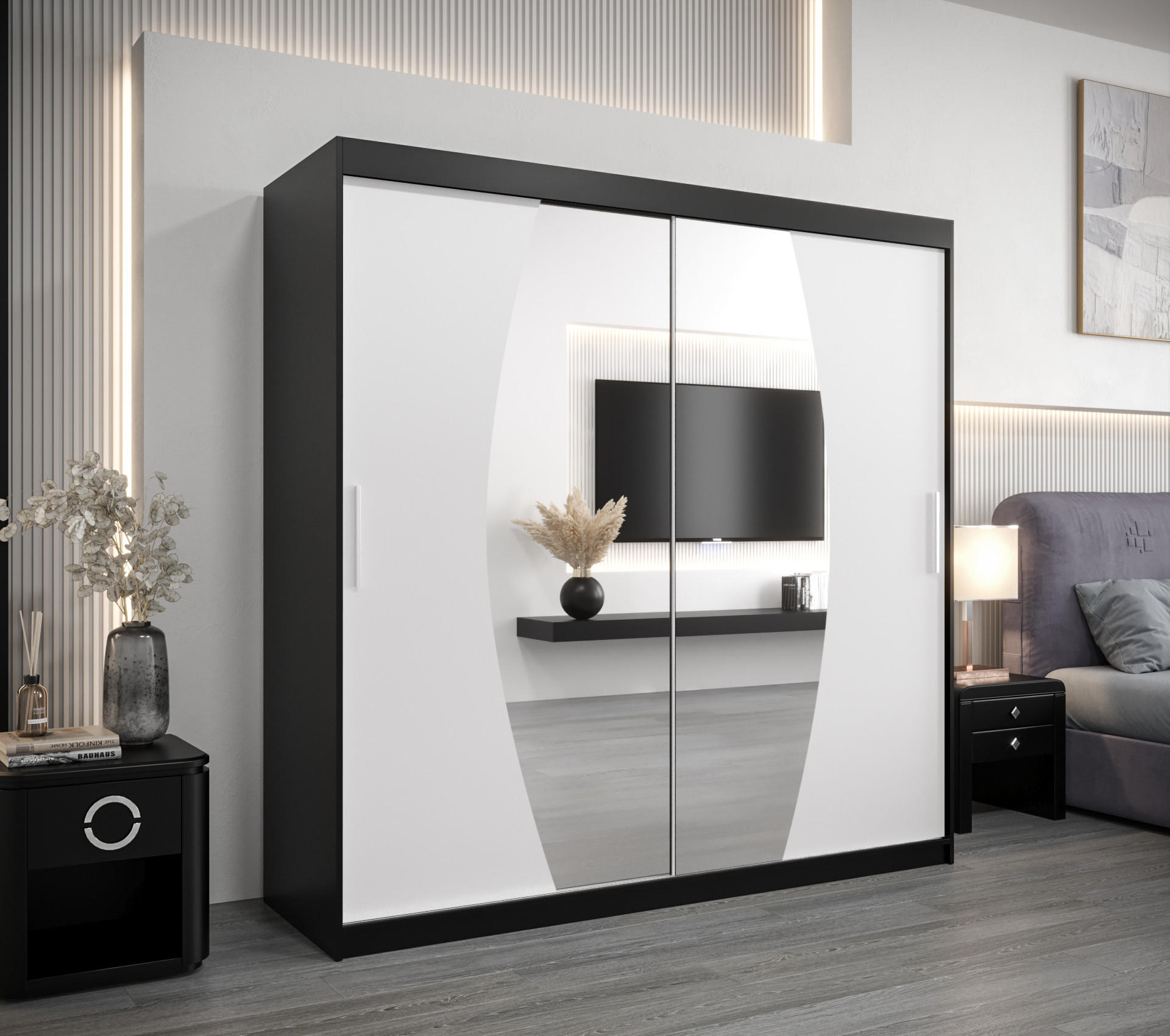 SCHWEBETÜRENSCHRANK 200/200/62 2-türig - Silberfarben/Schwarz, Holz/Kunststoff (200/200/62cm) - Abiks Möbel