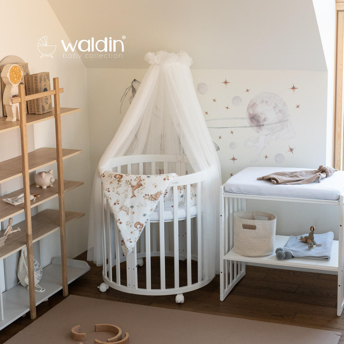 BABYBETT WHITE OVAL 7in1 mit Matratze und Himmelset - Multicolor/Naturfarben, Holz/Textil