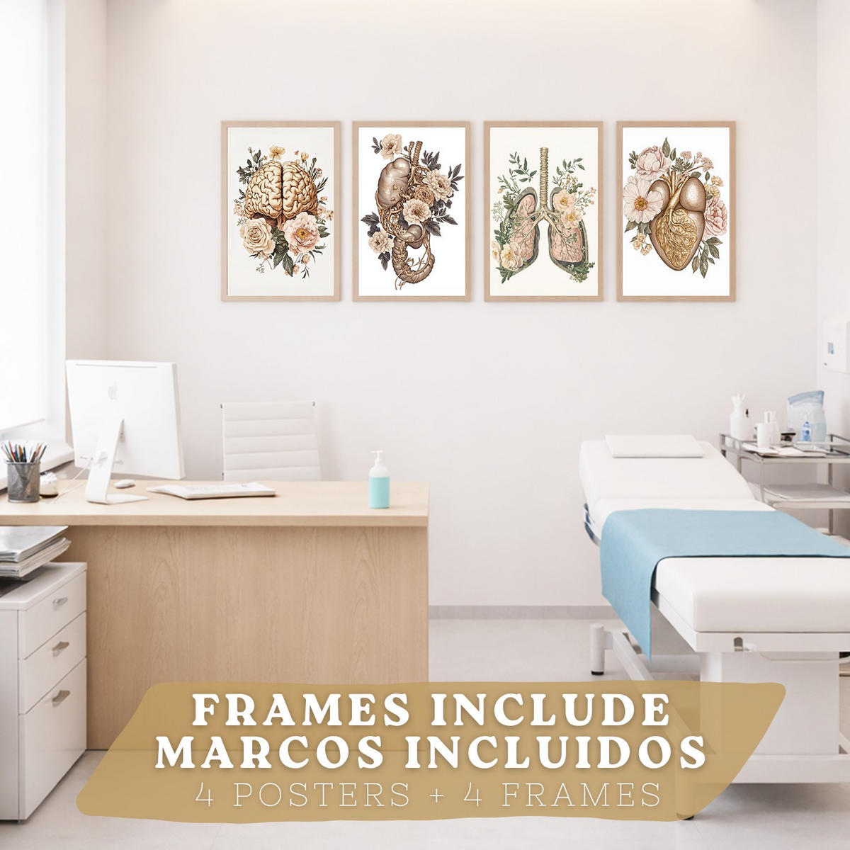POSTER Set aus 4 Körper Anatomie Drucke mit Gehirn Herz Lungen Luftröhre Bronchien Nieren Verdauungssystem Magen Darm Größe Leichter Holzrahmen A4 - Beige, Papier (21/29.7/3cm) - Nacnic