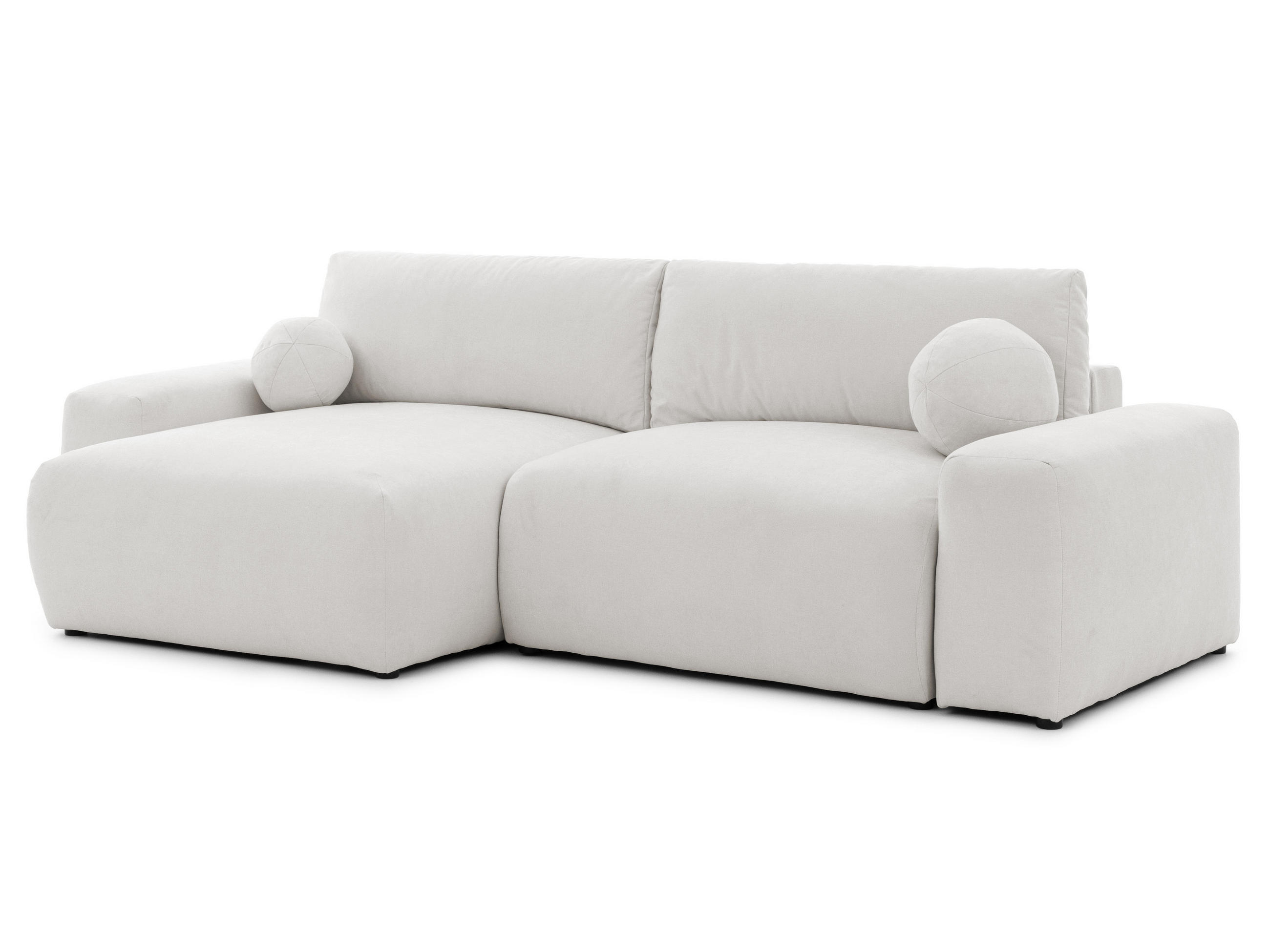 ECKSOFA Puffy mit Schlaffunktion und Bettkasten - besonders weich und puffig aus Creme Webstoff - Ottomane links - Creme/Schwarz, Holz/Kunststoff (138/266cm) - S-Style Möbel