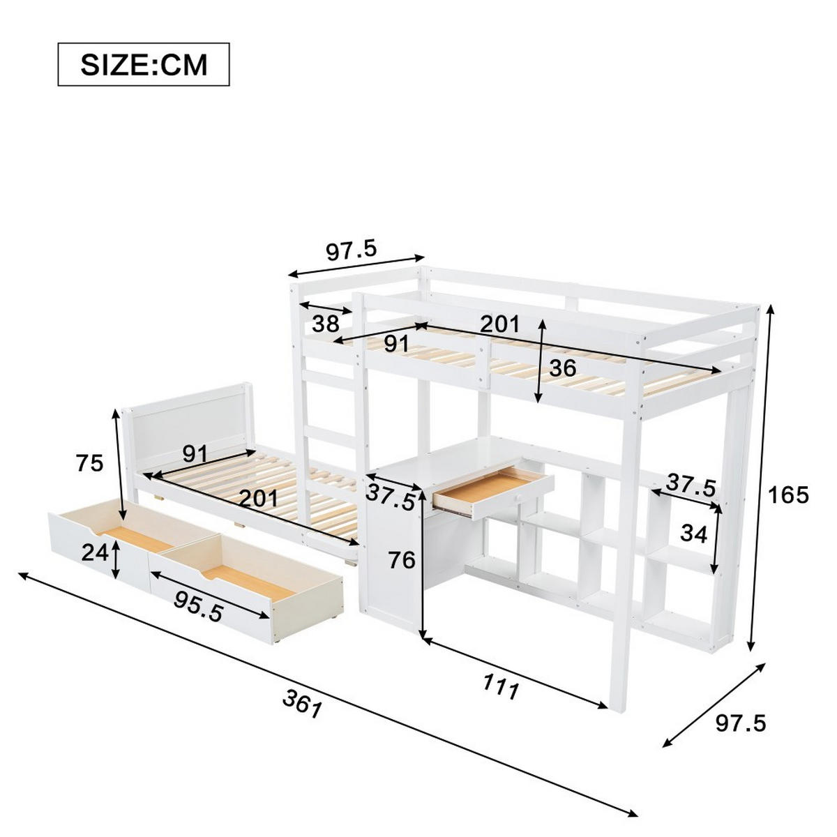ETAGENBETT 90x200cm in Weiß mit Zwei Schubladen - Weiß, Holz (90/200cm) - KOMHTOM