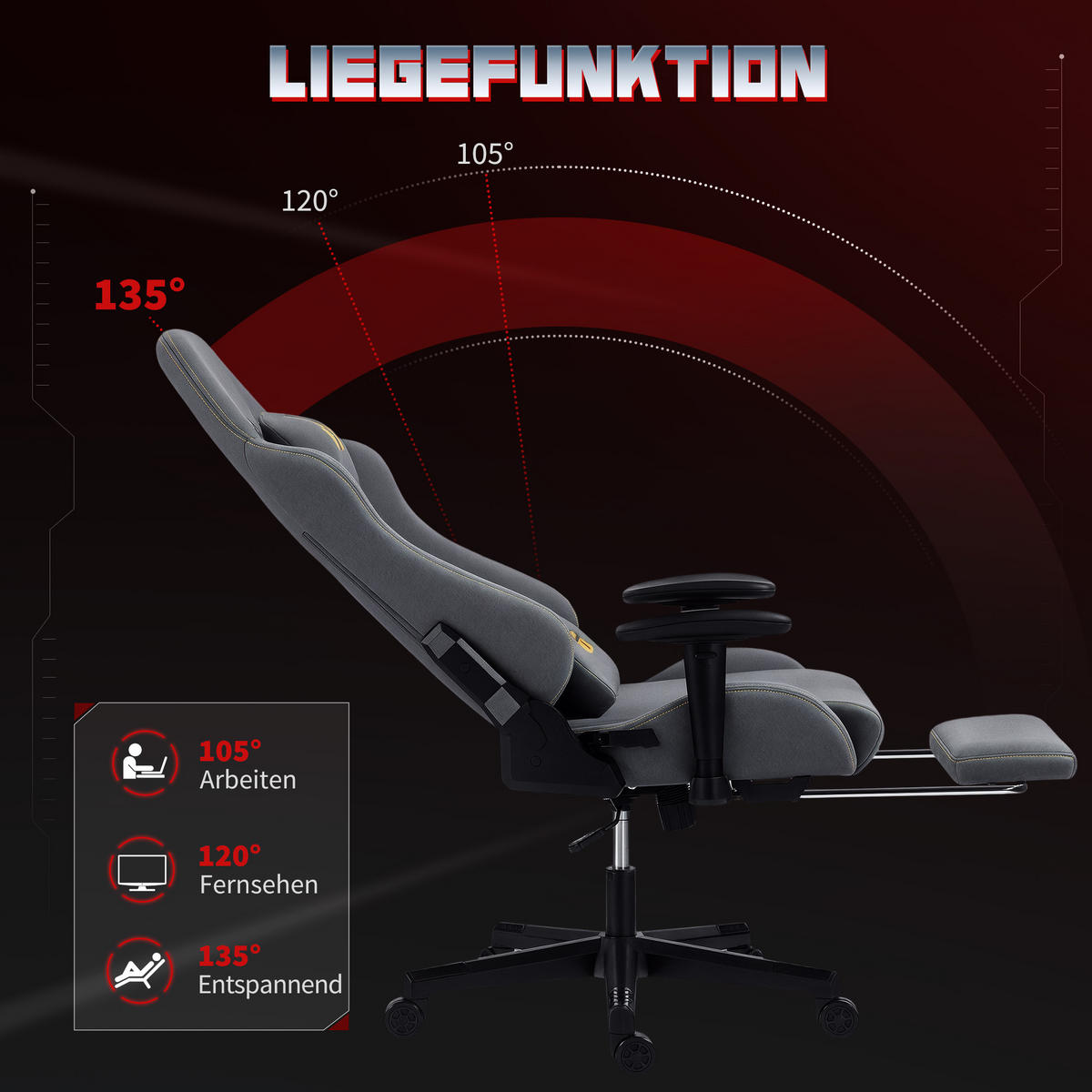 GAMING Stuhl Ergonomisch Wildlederimitat mit Lendenkissen, Fußstütze, Kopfkissen - Dunkelgrau, Textil (72/132/76cm) - HOMCOM