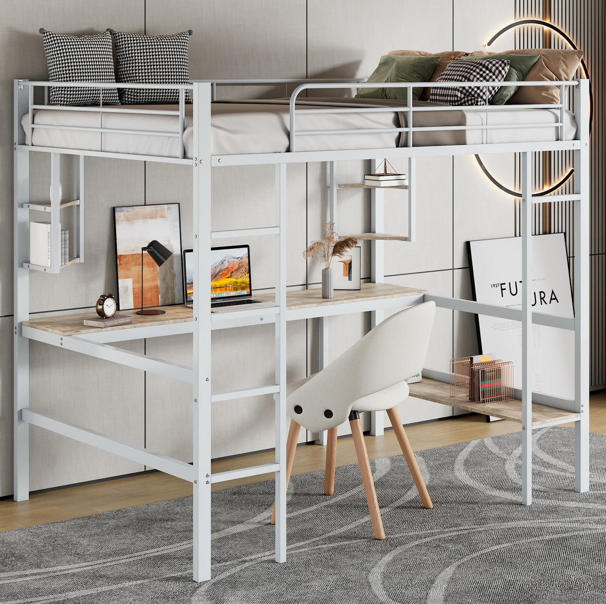 HOCHBETT 90/200 cm aus Metall mit Schreibtisch, Regalen und Bücherregal, Weiß - Weiß, Metall (90/200cm) - Redom