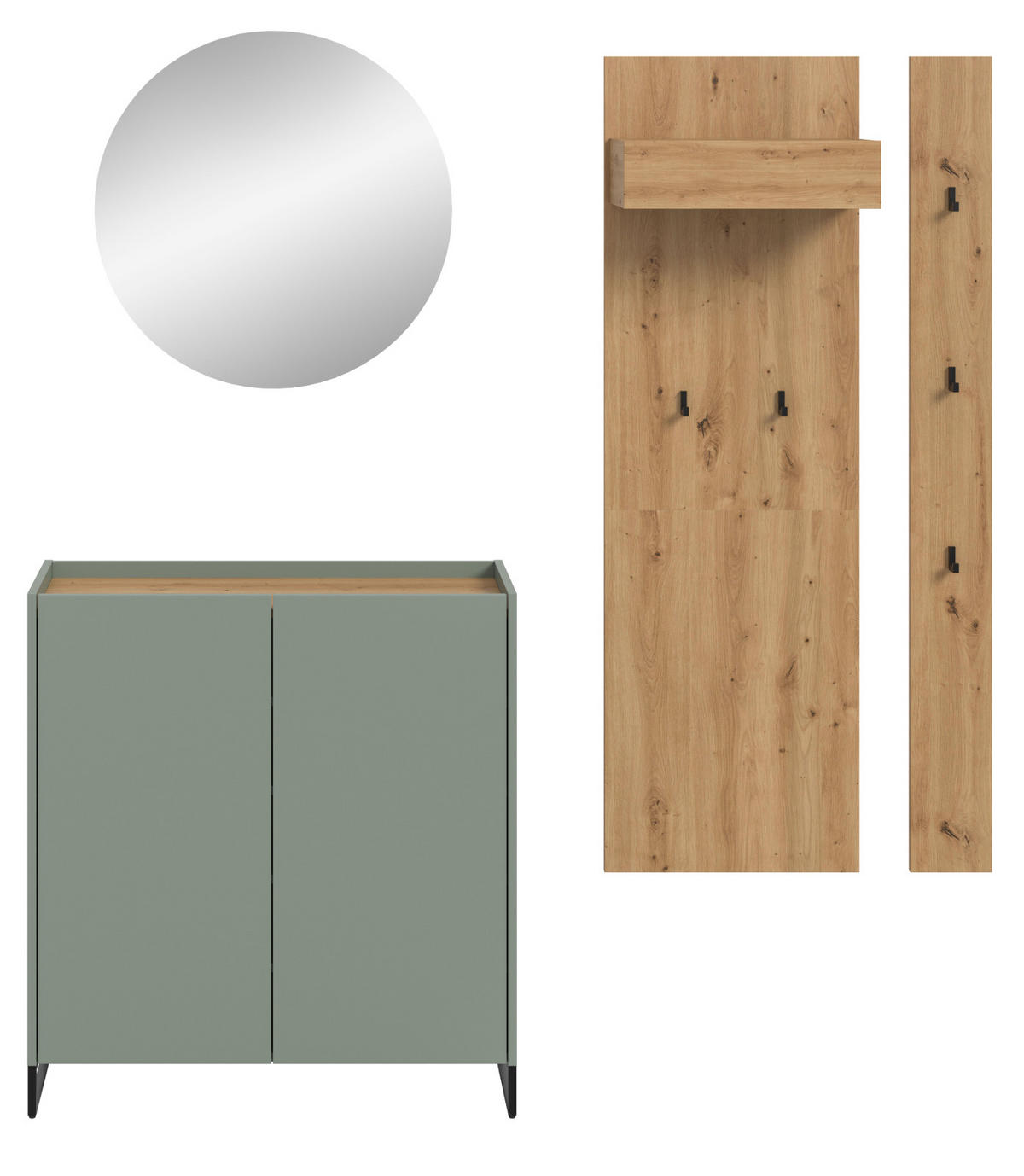 GARDEROBE-SET Salbei und Artisan Eiche, Garderobe 4-teilig, 186 x 197 cm, Soft-Close, Borga - Salbeigrün/Schwarz, Holzwerkstoff/Metall (186/197/38cm) - Inn.Furn